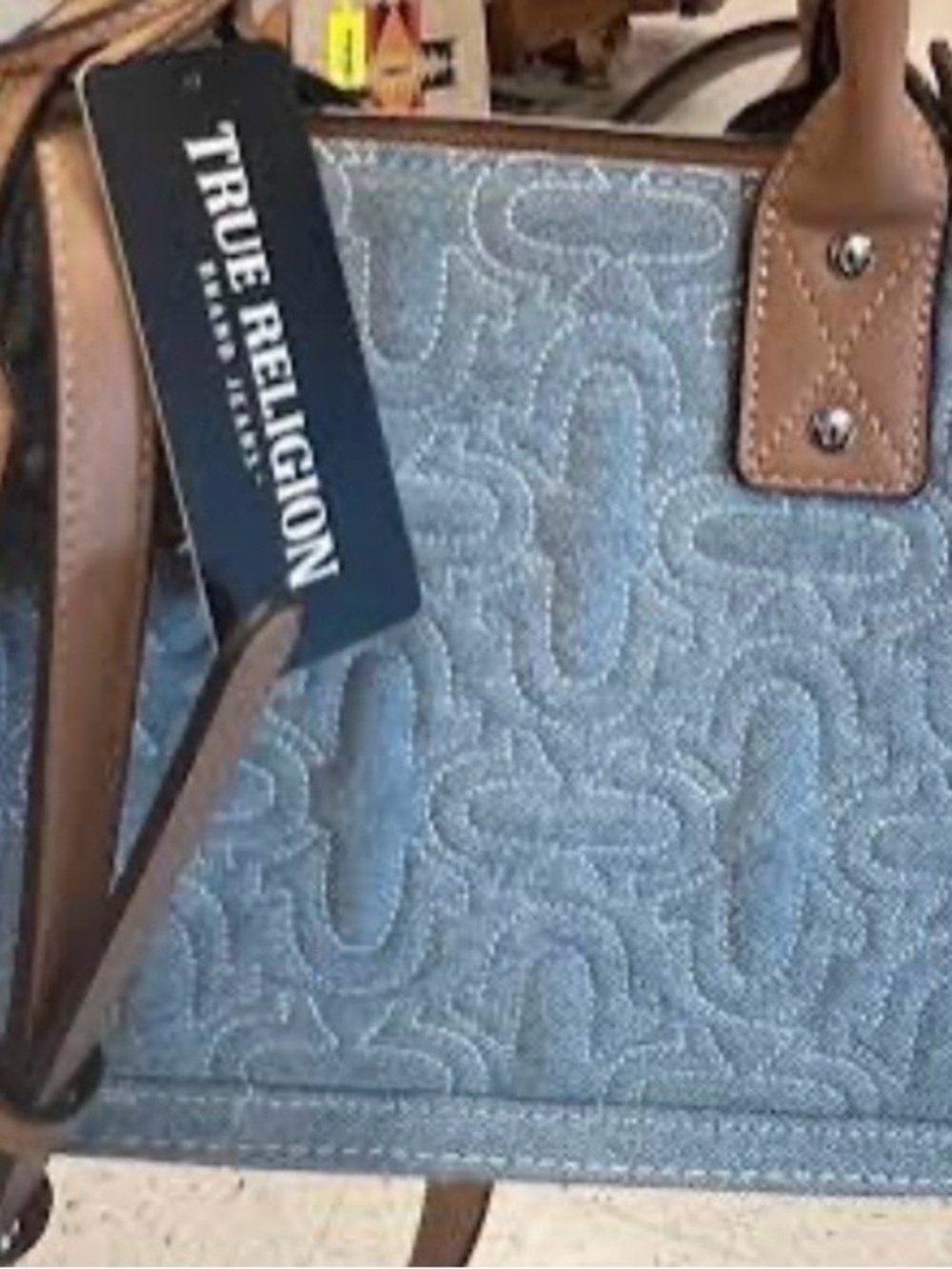 True Religion Light Blue Denim Satchel with Tan Leather Trim